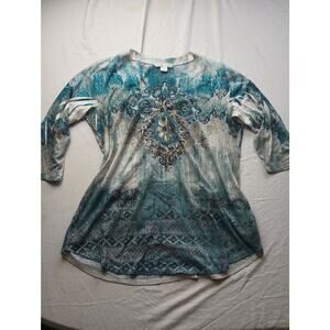 Fairy Core 3/4 Sleeve Top Women Size Large Christopher & Banks Blue Black beaded